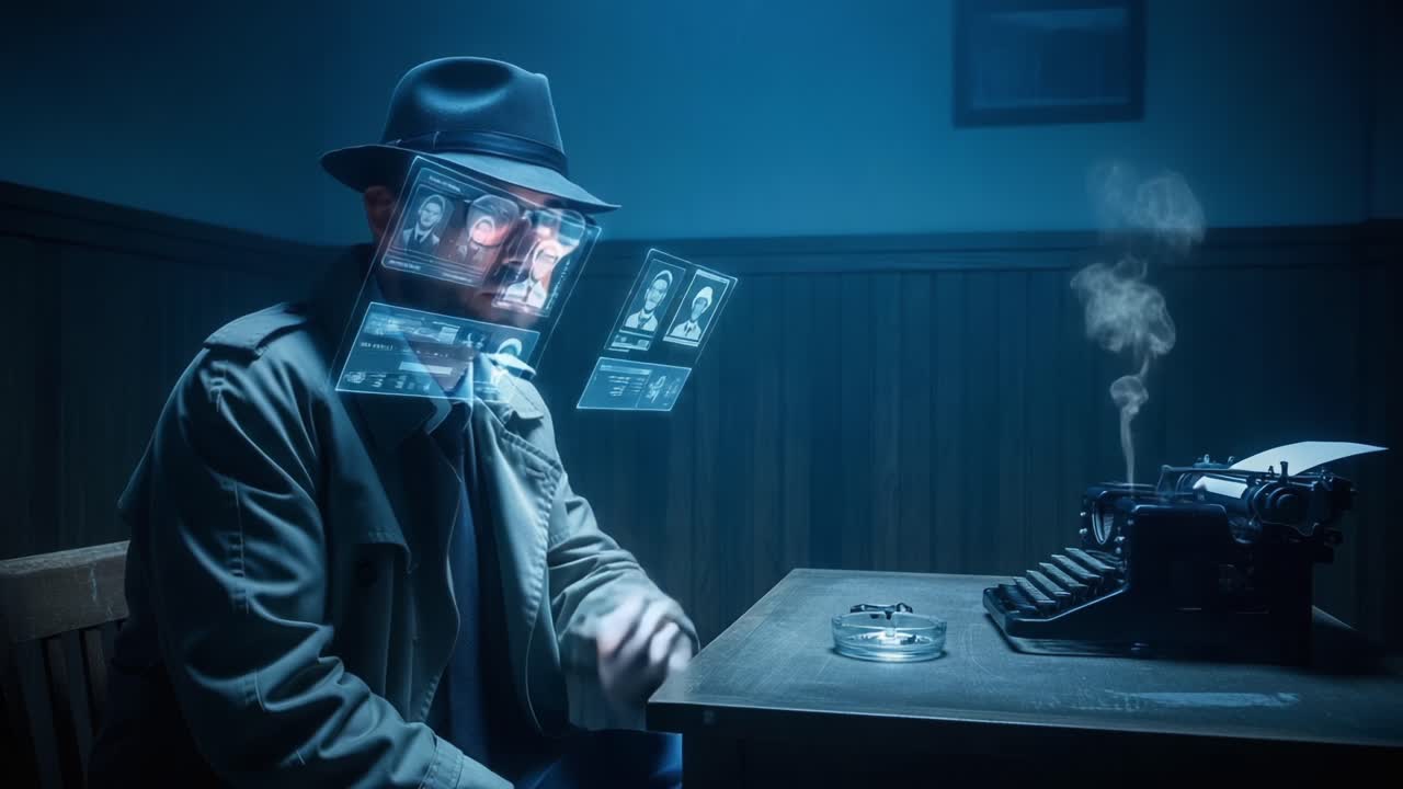 A Mysterious Detective Analyzes Data in a Dimly Lit Room, Surrounded by Rain and Smoke, While Working on a Vintage Typewriter and Unraveling Secrets