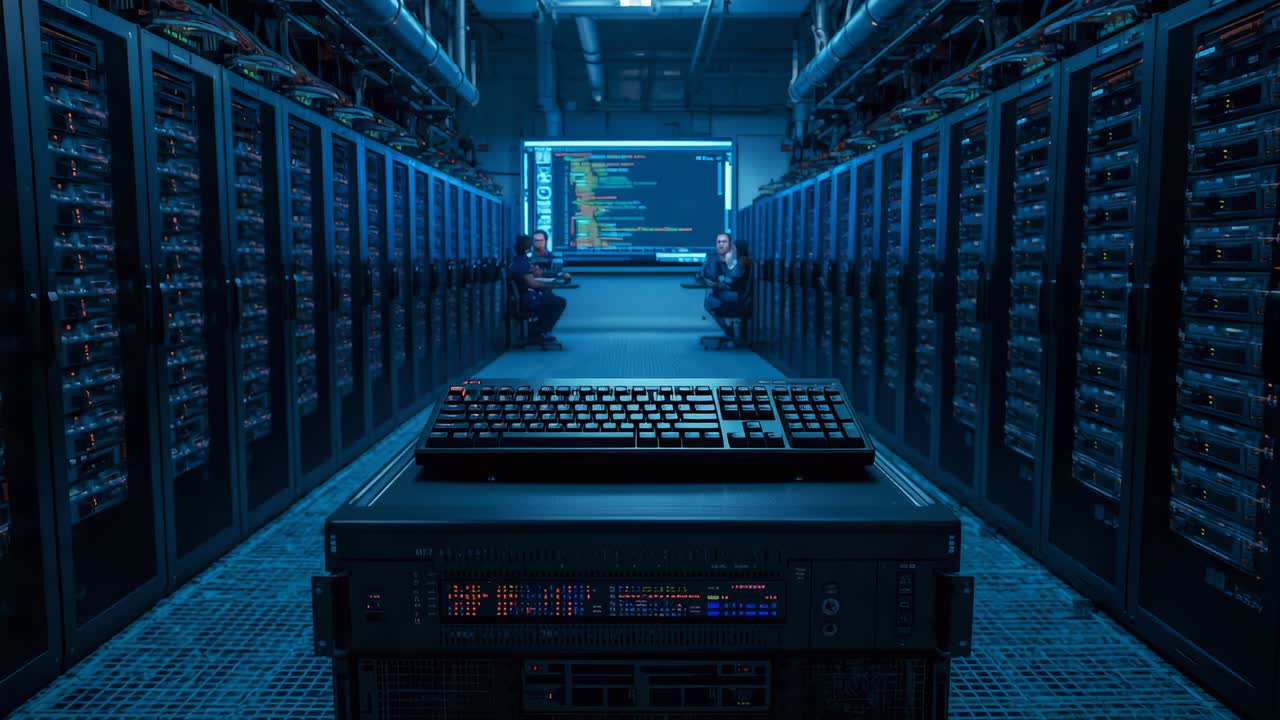 Responding to blinking server lights, two colleagues discussing code in data center, with keyboard