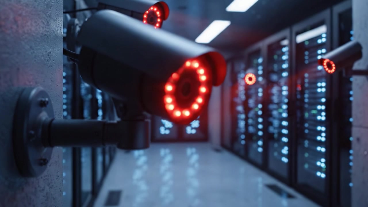 A Close-Up View of a Security Camera with Red LEDs Illuminating in a Modern Data Center Environment, Capturing Critical Surveillance Footage for Enhanced Security Monitoring