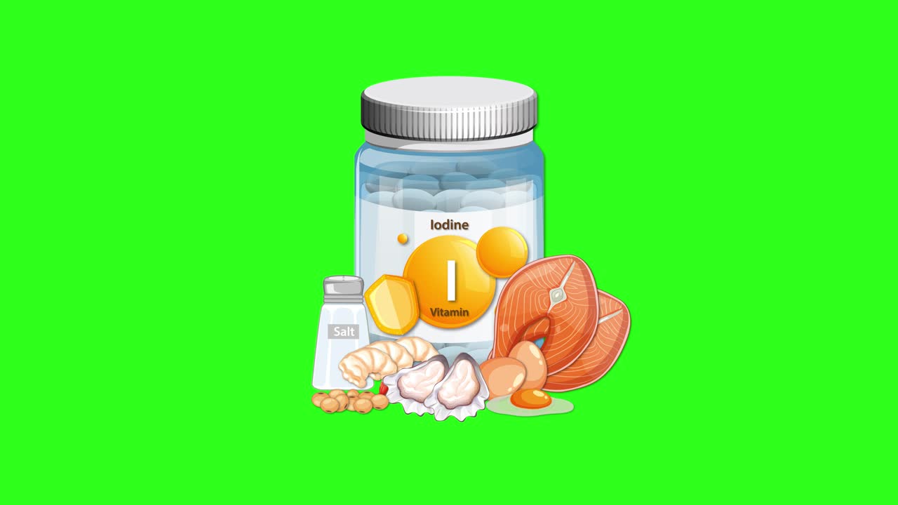 Iodine supplement bottle with assorted nuts, eggs, and seafood appears on vibrant green screen background