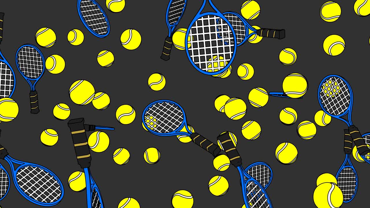 회색 배경에 있는 테니스 공과 파란색 테니스 라켓입니다.