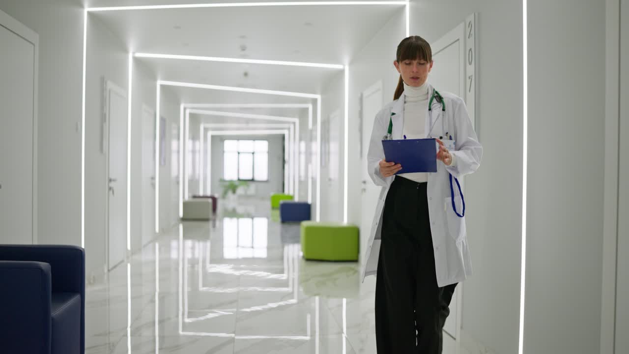 Doctor Reviewing Records in Hospital Corridor