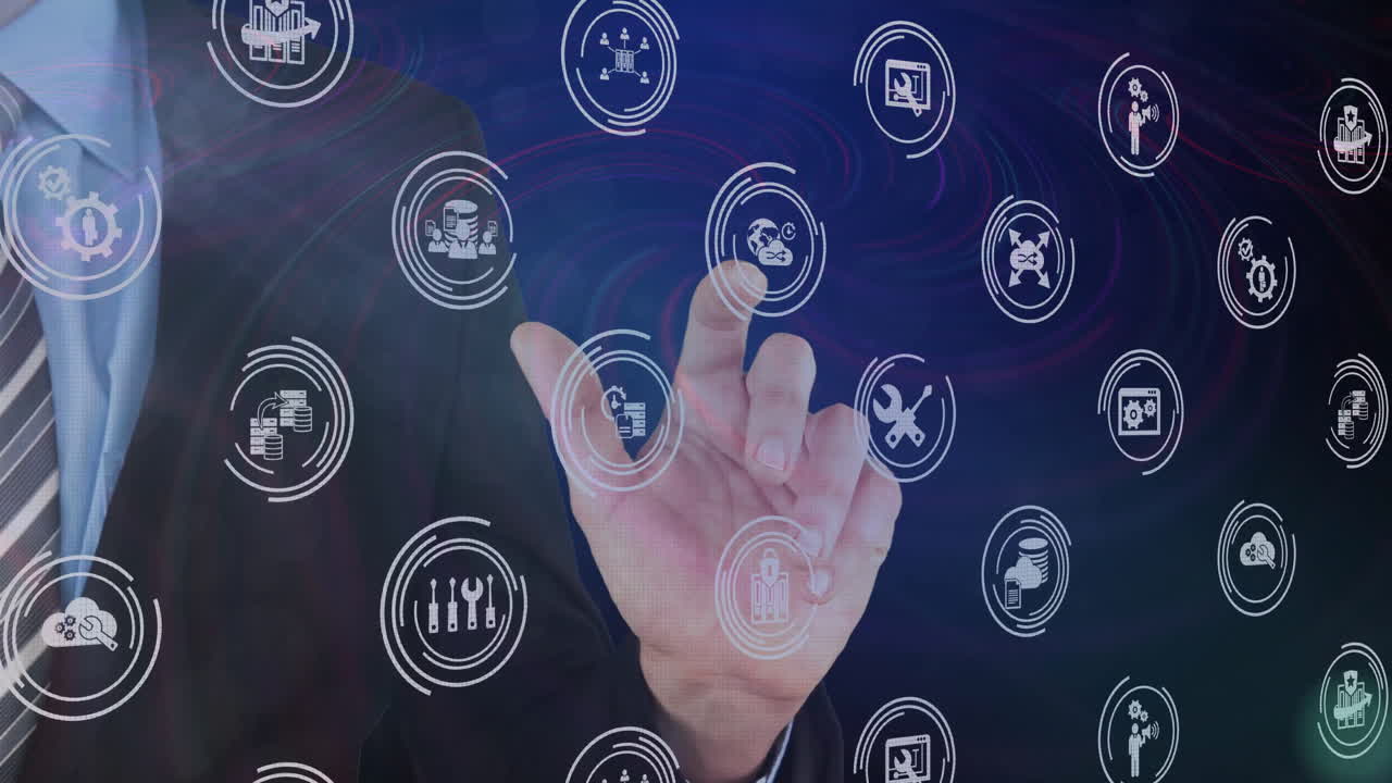 Interacting with digital interface, person viewing animation and technology icons