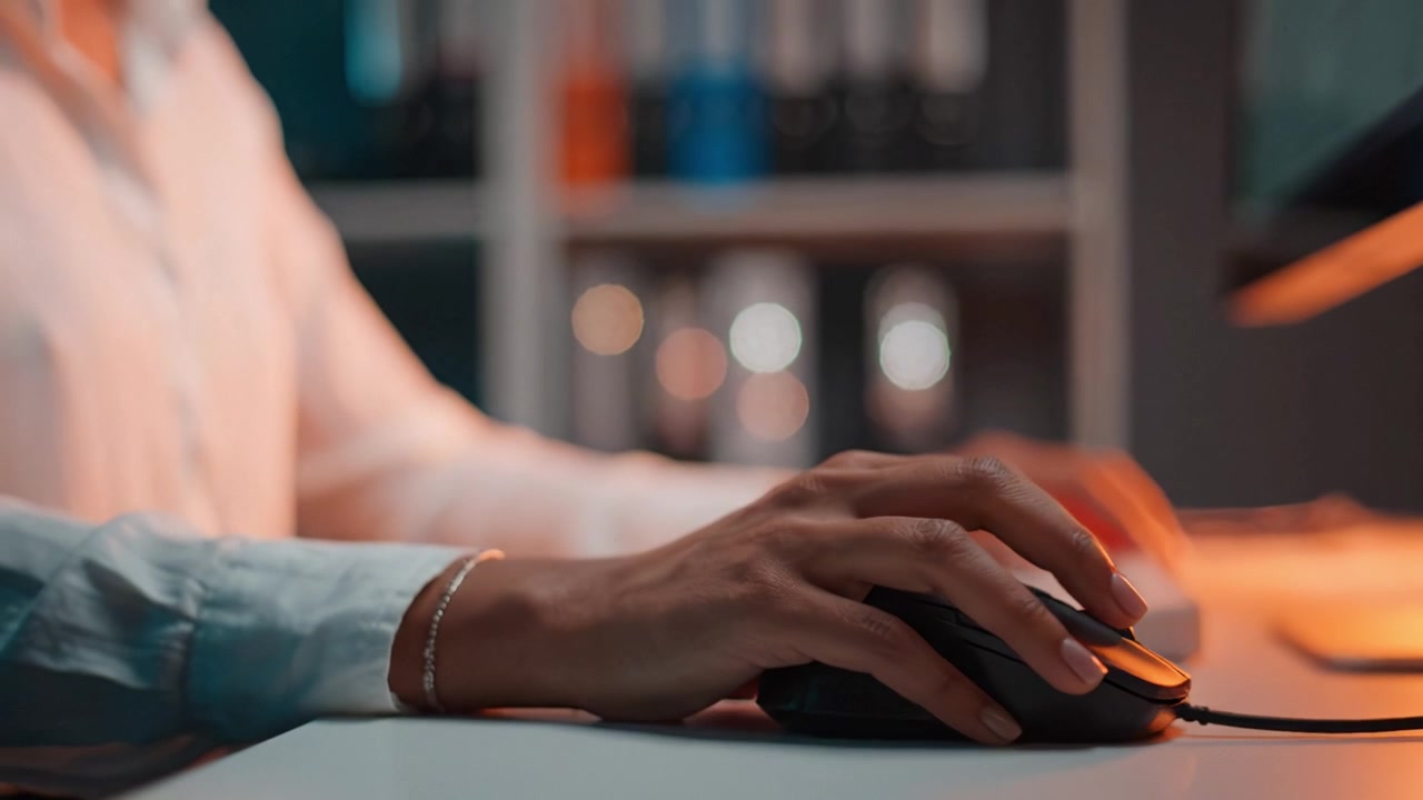 Focused Hand on Mouse: Close-up of a Person's Hand Using a Computer Mouse During Work Hours, Showcasing Intense Concentration on Task at Hand