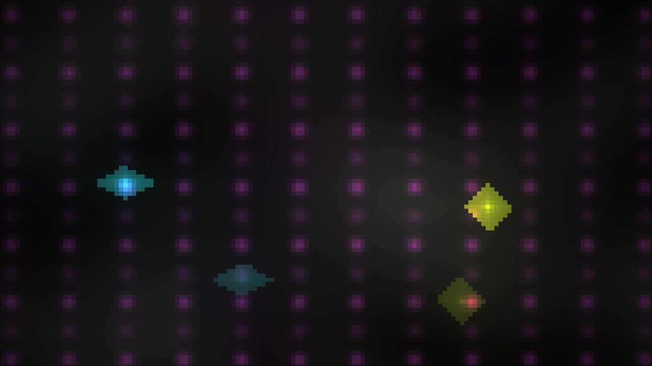 Animazione astratta in pixel art con forme geometriche fluttuanti