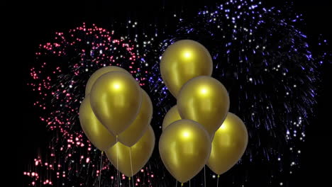 animation of gold balloons with fireworks on black background