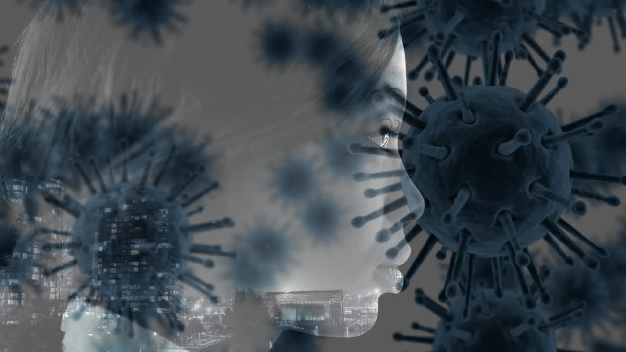 Coronavirus spredning i makroformat med en kvinde af blandet etnicitet i baggrunden.