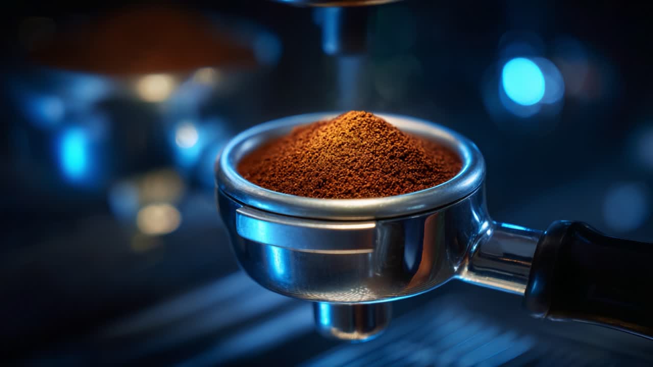 Fondi di caffè ricchi e vellutati pronti in un portafiltro lucido, che catturano l'essenza della perfezione della preparazione e l'arte di creare un'esperienza di espresso ricca di sapore