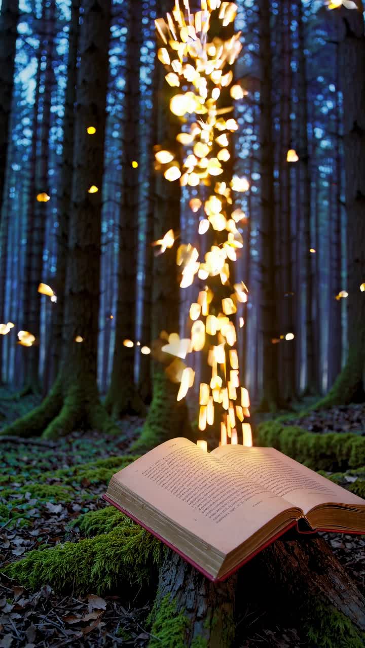 En mystisk videoscene av en åpen bok i en skog, med glødende lys som svever rundt