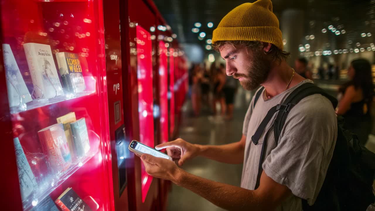 A thoughtful young man wearing a yellow beanie interacts with a smartphone while selecting items from a vibrant red vending machine in a bustling environment filled with people