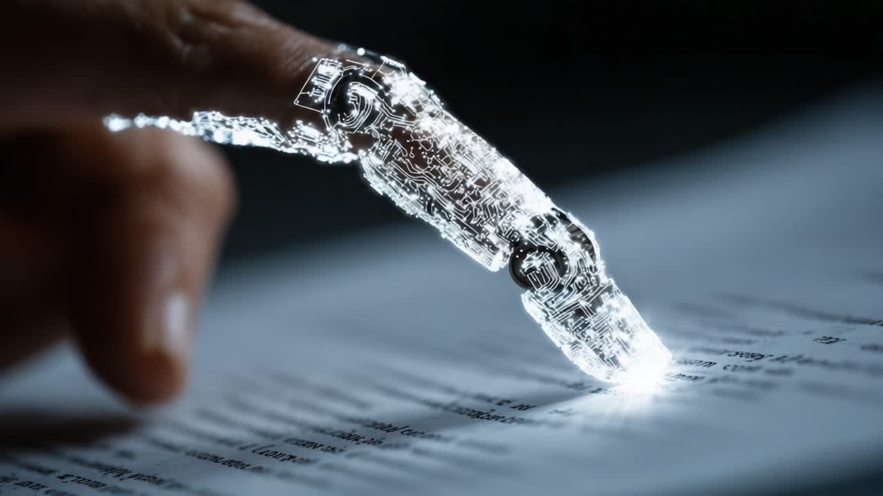 A Futuristic Robotic Finger Reading Text on a Page, Showcasing the Integration of Technology and Human Interaction in the Digital Age