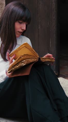 young woman reading an ancient book with passion sitting on a building steps