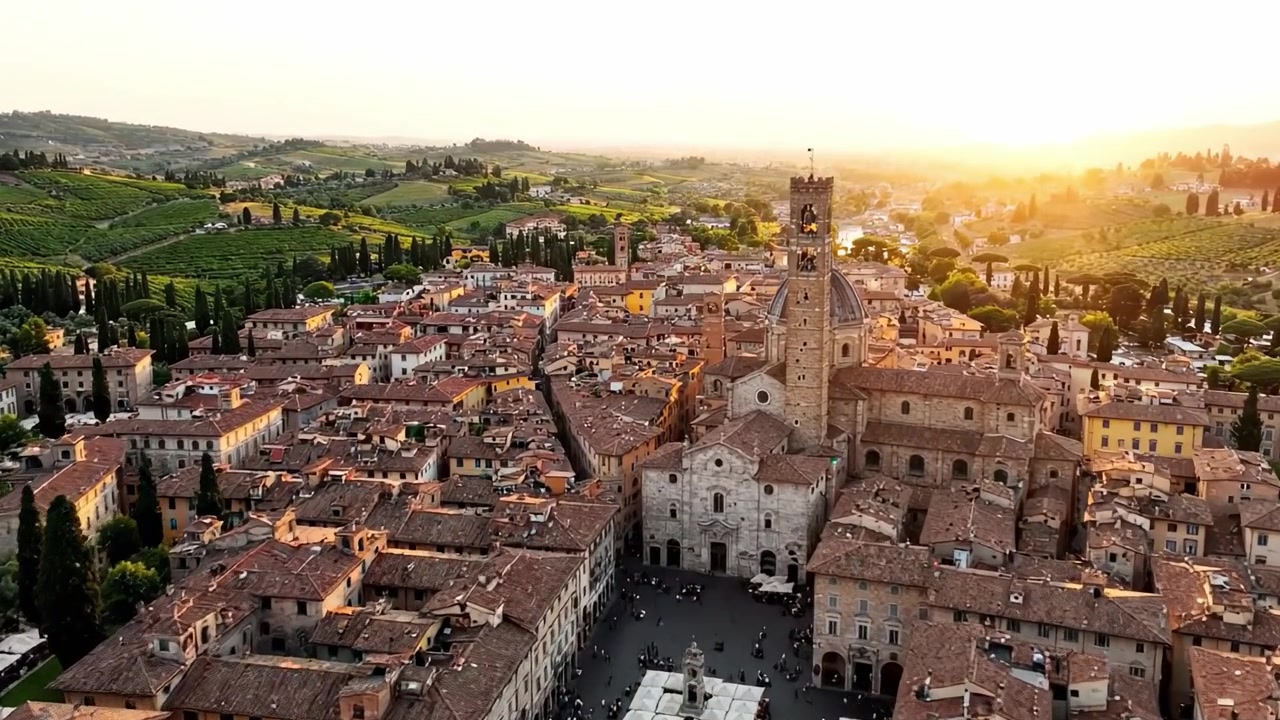 Veduta aerea di un'incantevole città antica al tramonto, circondata da dolci colline e rigogliosi vigneti, che mostra architettura storica e una vivace tavolozza di colori.