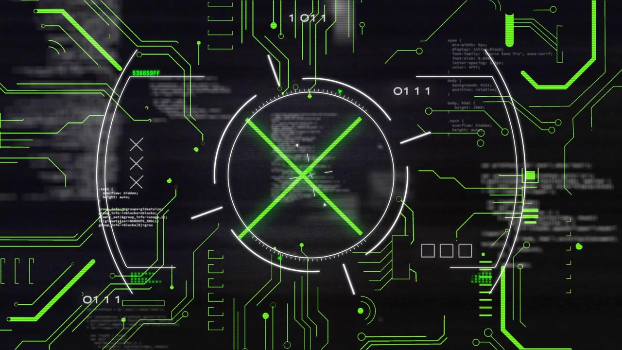 Starting dark UI initiating central circular reticle scanning code for system analysis