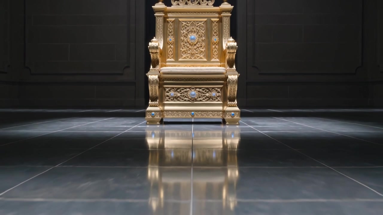 Die Kamera fährt zurück und enthüllt einen goldenen Thron mit blauen Edelsteinen in einer dunklen Halle, der sich auf dem gefliesten Boden spiegelt.
