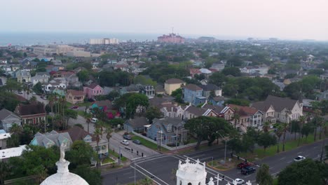 Drone-view-of-Sacred-Heart-Catholic-Church-and-surrounding-area-in-Galveston,-Texas