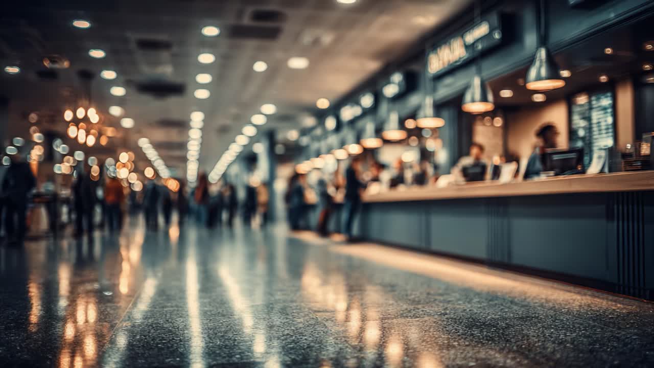 Uno spazio interno affollato con pavimenti lucenti e illuminazione soffusa, con persone impegnate in varie attività e un'installazione di un bancone in stile contemporaneo