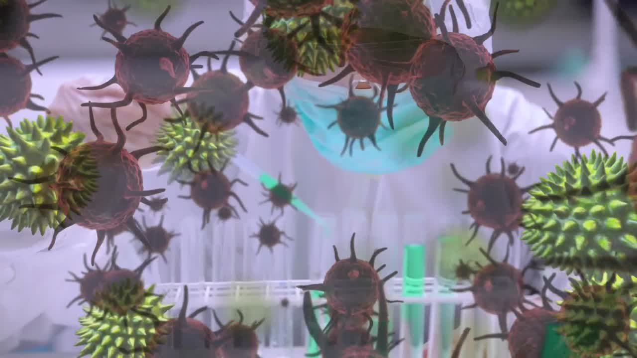 코로나바이러스 코로나19의 확산 애니메이션, 배경에는 의료진이 있습니다.