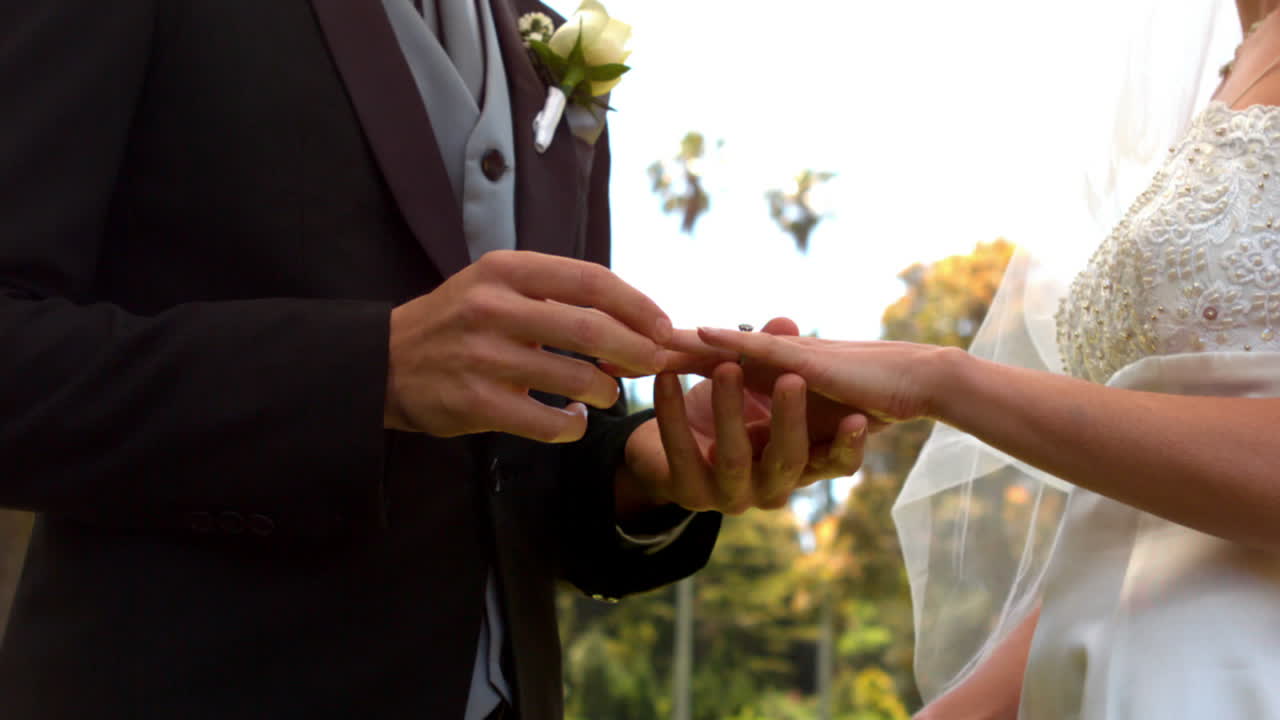 Man placing ring on brides finger