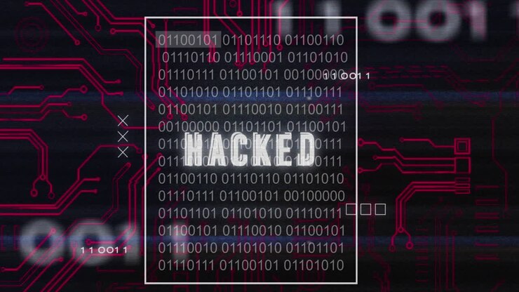 Animation of hacked text with binary codes and circuit board pattern over black background