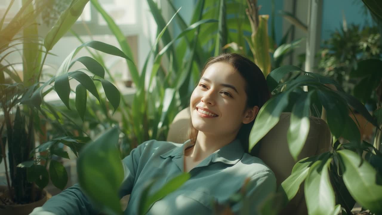 Smiling woman wearing teal top reclining in chair by window, sunlight through plants inspiring calm