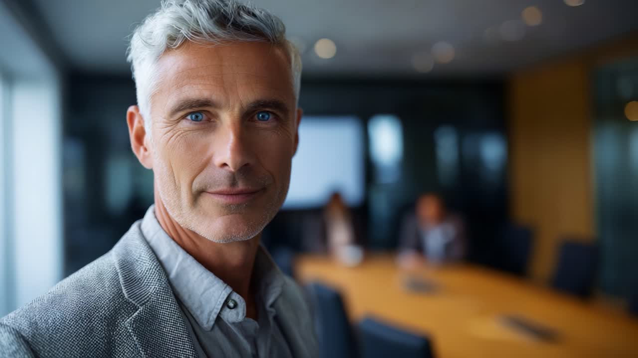 Confident Businessman in Modern Conference Room, Engaging with Team and Ready for Discussion, Showcasing Professionalism and Leadership in Corporate Setting