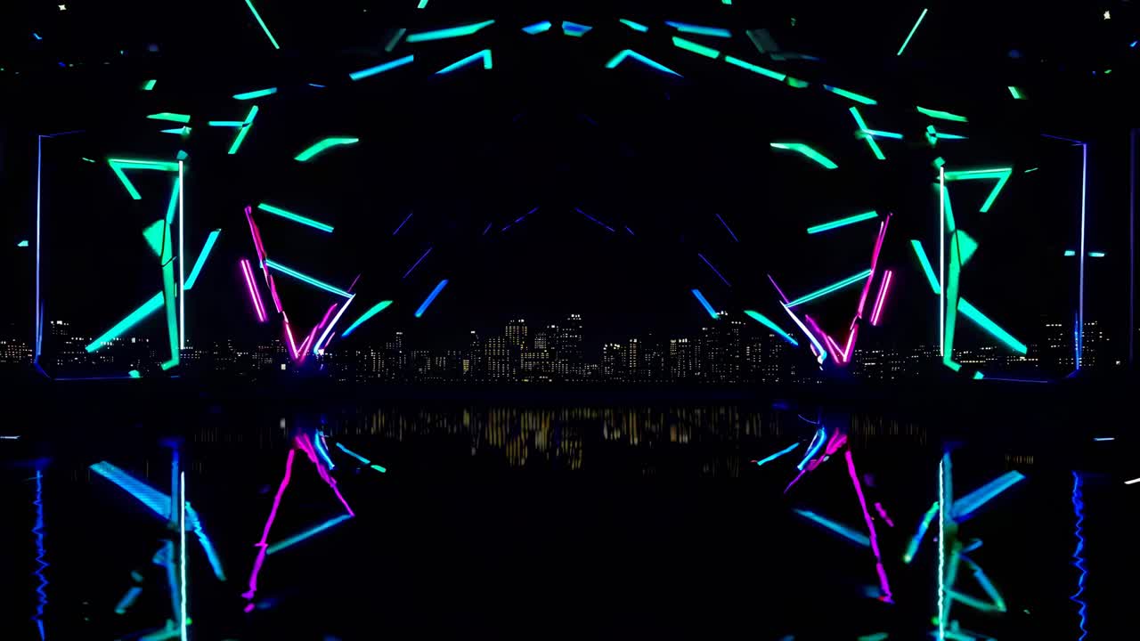 Neon Geometric Stage with Cityscape