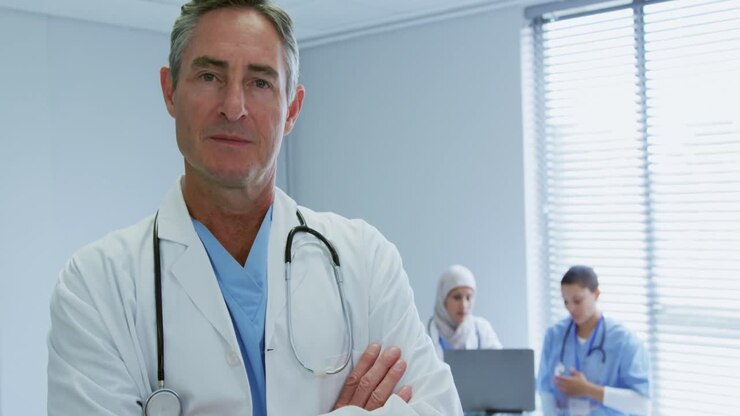 Nahaufnahme eines kaukasischen männlichen Arztes, der mit verschränkten Armen im Krankenhaus steht.