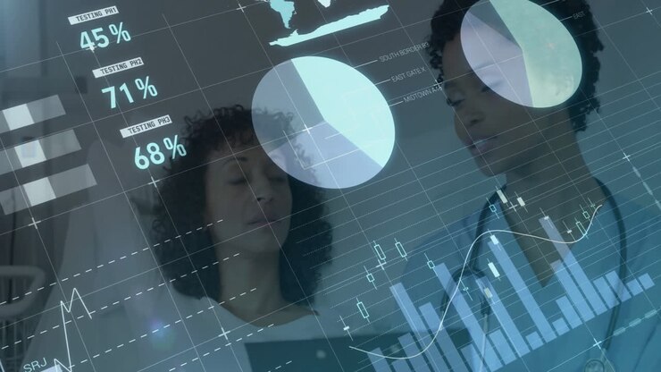 Financial data and world map animation over diverse business professionals