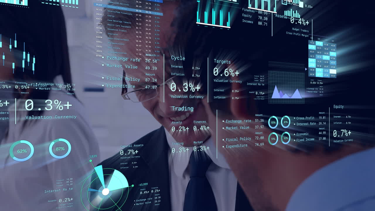 Financial data animation, businessmen analyzing transparent graphs and charts in office