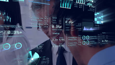 financial data animation, businessmen analyzing transparent graphs and charts in office