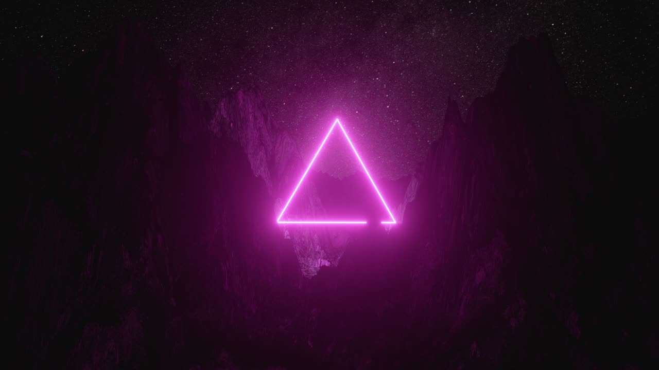 hermoso paisaje minimalista fantástico. triángulo de neón rosa brillante entre las montañas contra el fondo de un cielo estrellado nocturno giratorio. bucle sin costuras 3d render