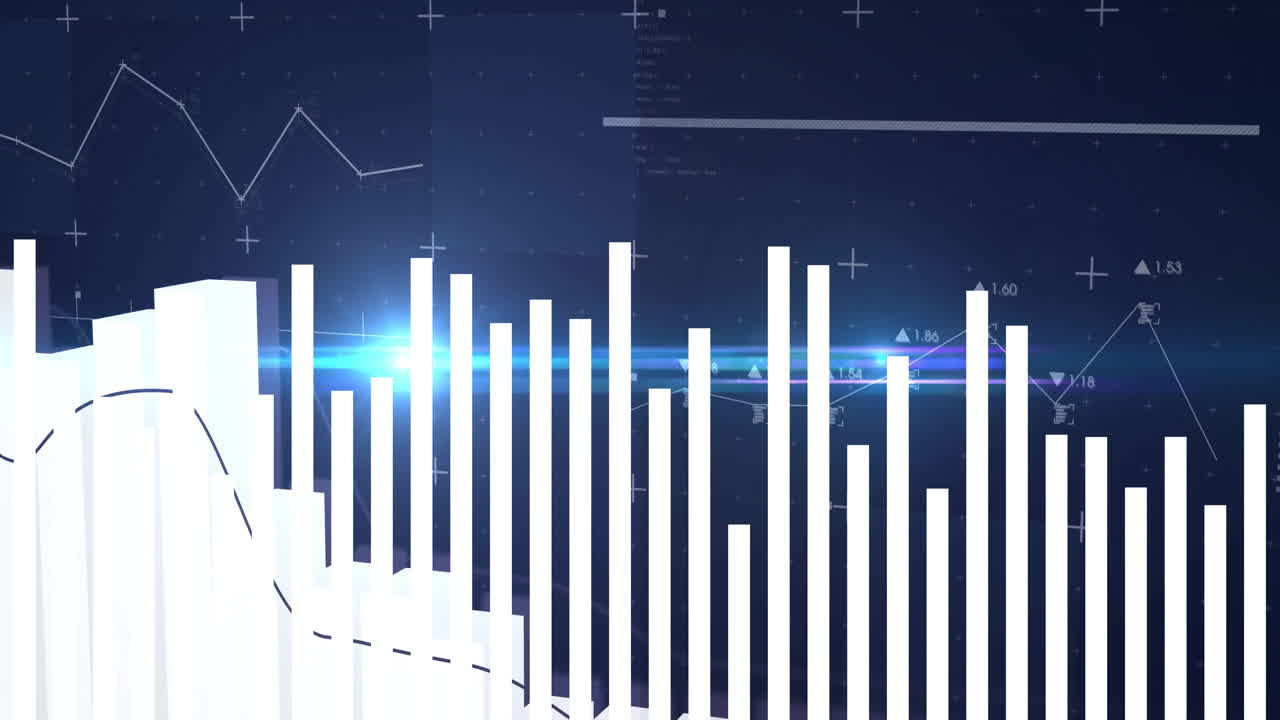 White 3D bars rising across grid with neon blue flare while line graph weaving through crosshairs