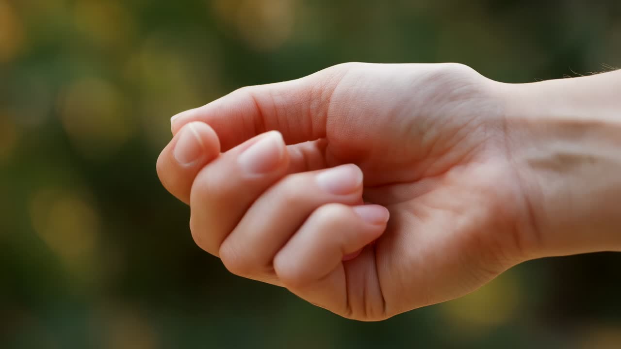Una mano destra che afferra un singolo petalo trasportato dal vento, si apre e presenta il petalo in giardino
