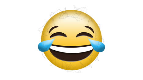 animación digital de formas geométricas abstractas flotando sobre el emoji de la cara riendo sobre un fondo blanco