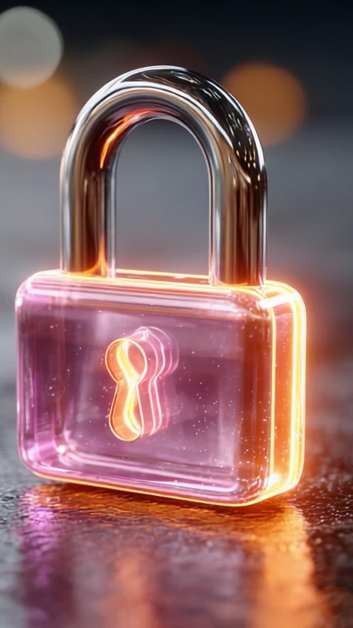 Un rendering in 3D accattivante di un lucchetto neon dai colori vivaci, illuminato sui bordi e con riflessi luminosi su una superficie liscia, che simboleggia la sicurezza e la protezione nell'era digitale