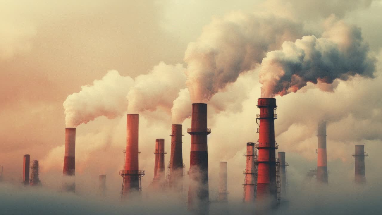 Aerial view of industrial chimneys emitting smoke, conveying pollution