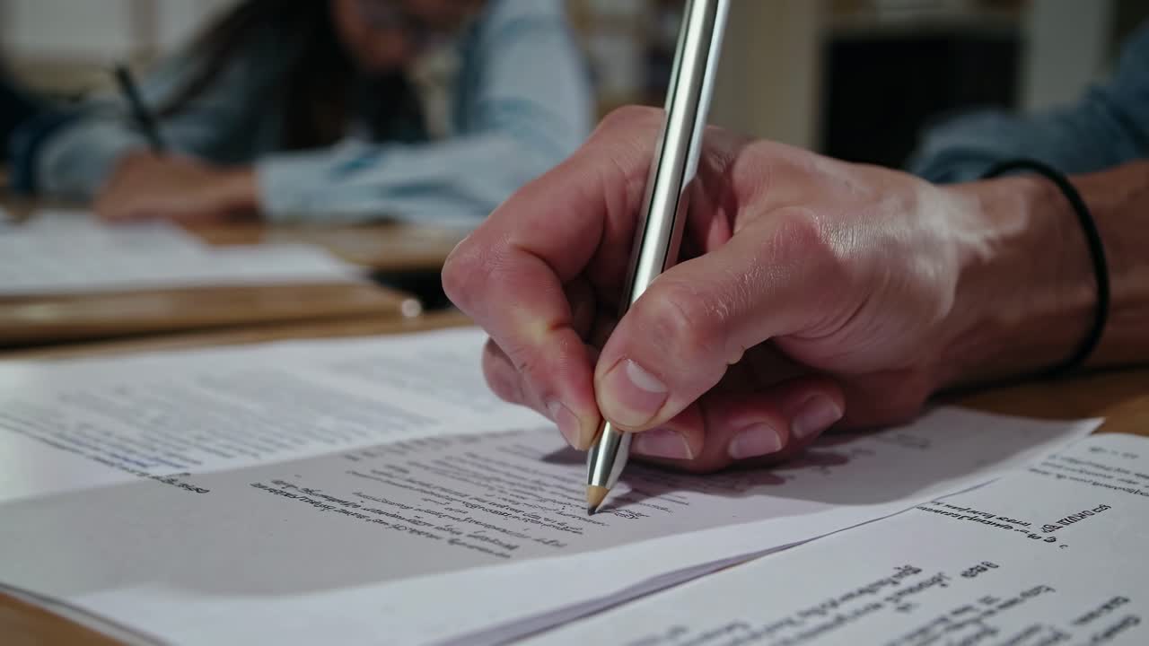 Video ravvicinato di una mano che scrive su carta, che cattura l'azione da un angolo laterale