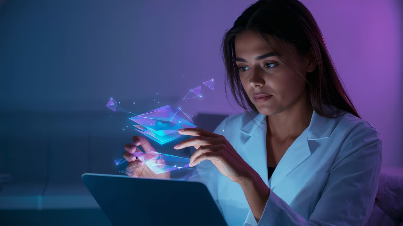 Ricercatore in camice da laboratorio che manipola un ologramma 3D rotante che si solleva da un laptop sulla scrivania, sistema di test