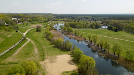 aerial panorama of the huge city forest park of myslecinek in poland