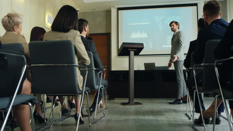 camera zoom in oncaucasian businessman on a podium in a conference room and showing some charts and graphics on the big screen