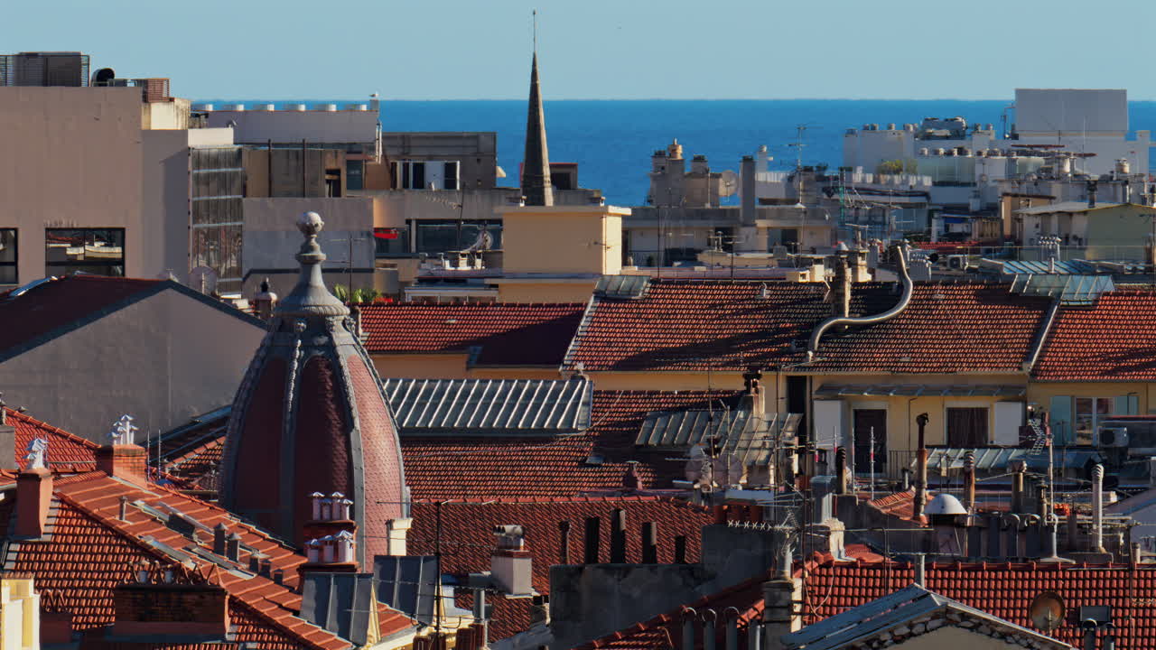 View of the buildings on Nice, France with the sea on the background
