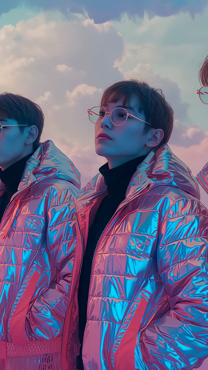 Vertical video: Panning camera revealing three men in fashion shoot with metallic jackets, glasses