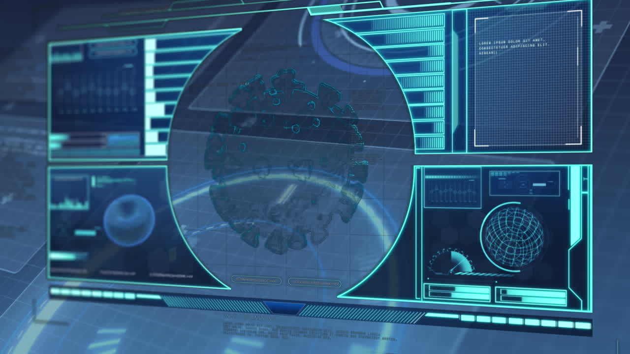 Animation of virus cell and scientific data processing over blue background