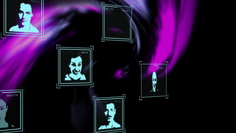 animation of digital biometric photos and purple light trails on black background