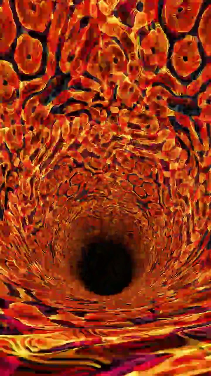 Sfondo in loop astratto con tunnel vorticoso infuocato arancione e rosso