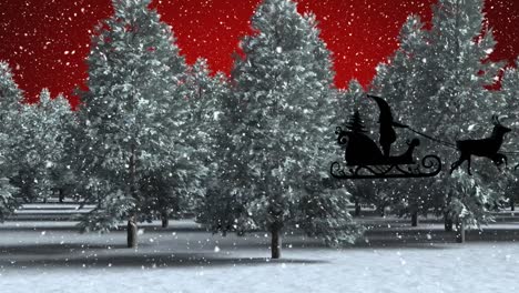 animation of snow falling over trees on red background