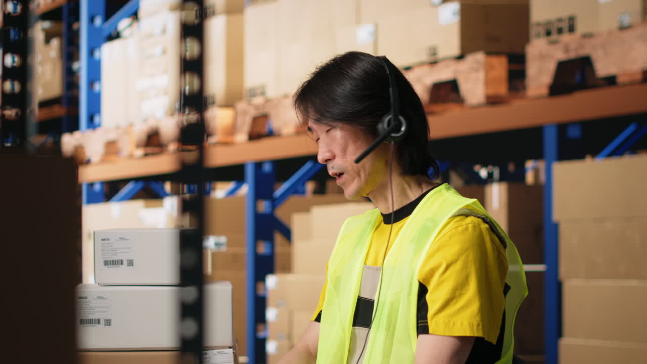 Vertical Video Call center male worker answer help line calls in a logistics warehouse