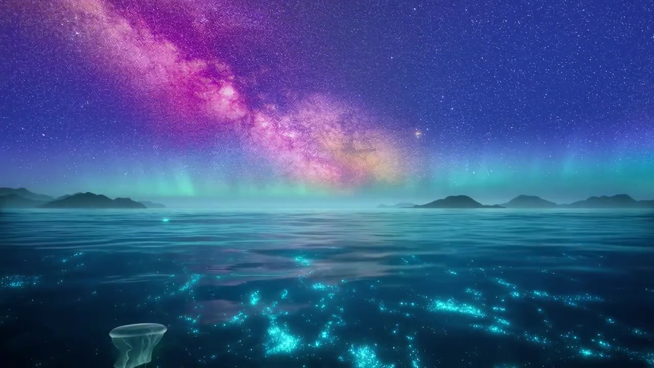 Meduse in un oceano bioluminescente sotto un cielo magico con aurora e Via Lattea