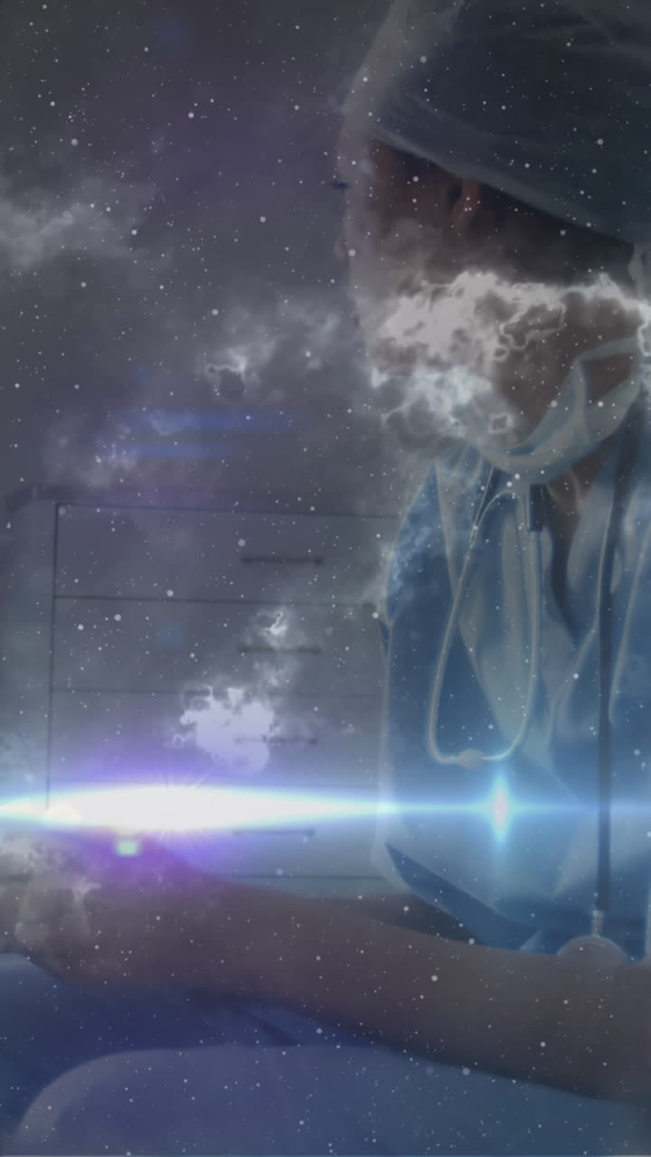 병원에 있는 슬픈 백인 여성 간호사 위의 공간의 애니메이션